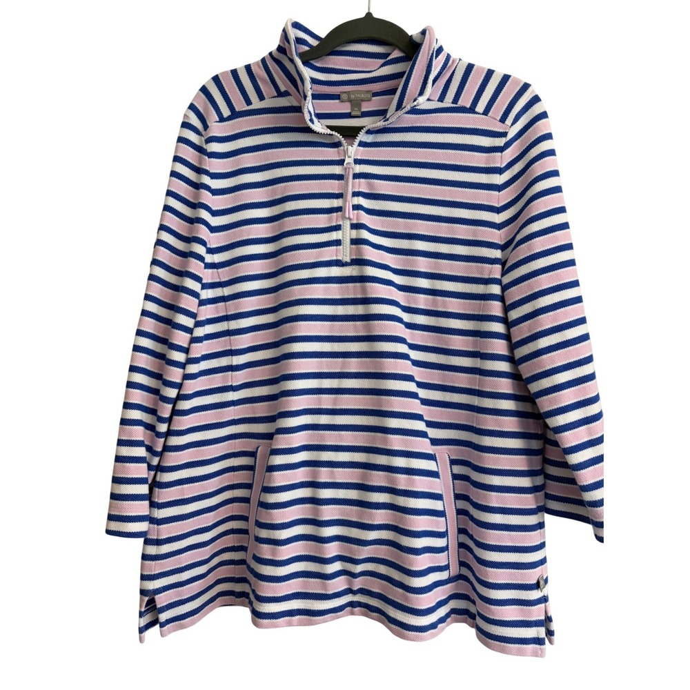 T by Talbots XL‎ Quarter Zip Pullover Striped Pique Knit Blue Pink White Coastal